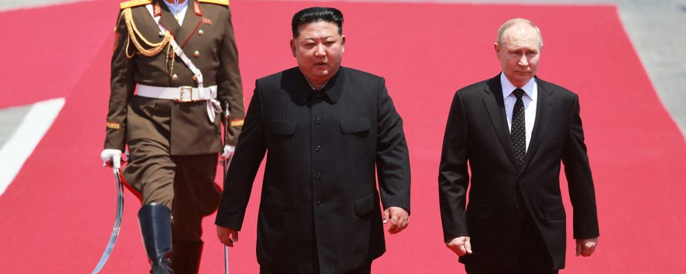 Russia's President Vladimir Putin and North Korea's leader Kim Jong Un attend an official welcoming ceremony at Kim Il Sung Square in Pyongyang, North Korea June 19, 2024. Sputnik/Vladimir Smirnov/Pool via REUTERS ATTENTION EDITORS - THIS IMAGE WAS PROVIDED BY A THIRD PARTY.