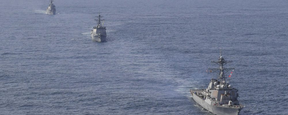 UNDISCLOSED LOCATION, AT SEA - APRIL 17: In this handout image released by the South Korean Defense Ministry, South Korean Navy's destroyer Yulgok Yi I (C), U.S. Navy's USS Benfold (R) and Japan Maritime Self-Defense Force's JS Atago (L) sail in formation during a joint naval exercise in international waters on April 17, 2023 at an undisclosed location. South Korea, the United States and Japan held a trilateral missile defense exercise in the international waters on Monday, Seoul's Navy said, amid stepped-up efforts to sharpen deterrence against North Korean threats. (Photo by South Korean Defense Ministry via Getty Images)