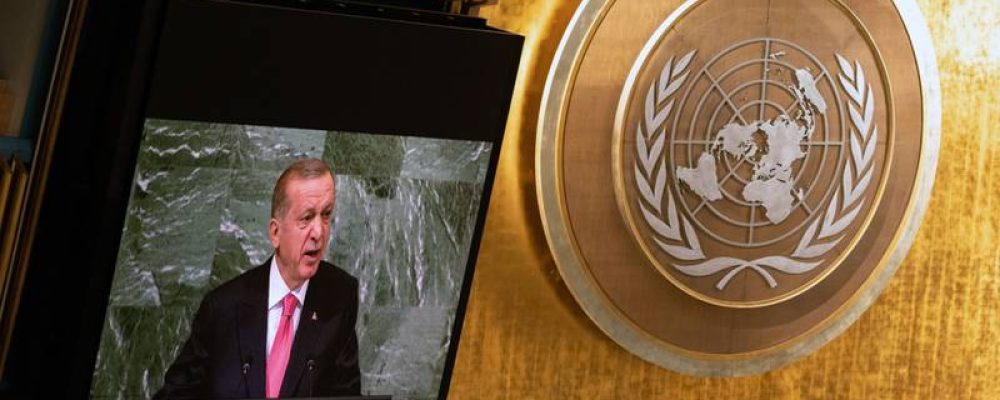 A monitor streams a live feed of Tayyip Erdogan, Turkey's president, speaking during the United Nations General Assembly (UNGA) in New York, US, on Tuesday, Sept. 20, 2022. US President Biden, UK Prime Minister Truss and New Zealand Prime Minister Ardern are among the heads of state attending this year after Covid-19 moved the gathering online in 2020 and limited the in-person event in 2021. Photographer: Jeenah Moon/Bloomberg