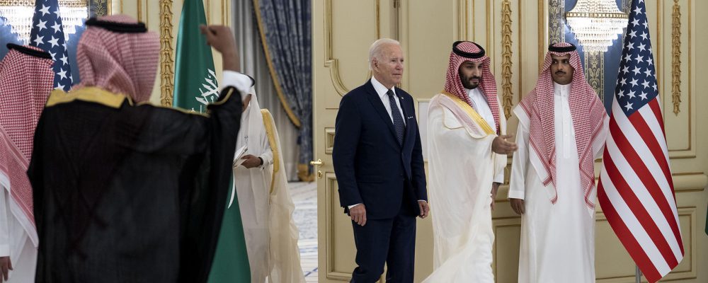 FILE —  President Joe Biden meets with Mohammed bin Salman Al Saud in Saudi Arabia, on July 15, 2022.  Despite U.S. fatigue over Middle East wars, the White House sees a security agreement resembling those with Japan or South Korea as an incentive for Saudi Arabia to normalize relations with Israel. (Doug Mills/The New York Times)