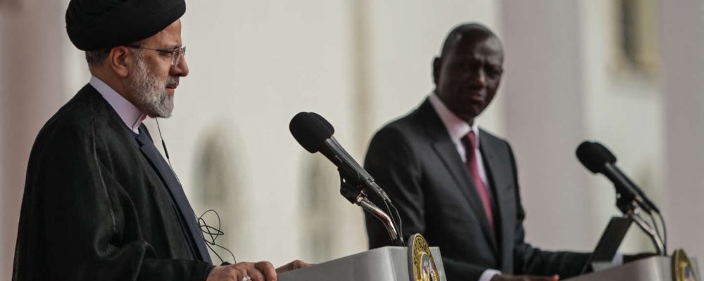 Iranian President Ebrahim Raisi (L) attends a press conference alongside Kenyan President William Ruto (R) at the State House in Nairobi on July 12, 2023. (Photo by SIMON MAINA / AFP)