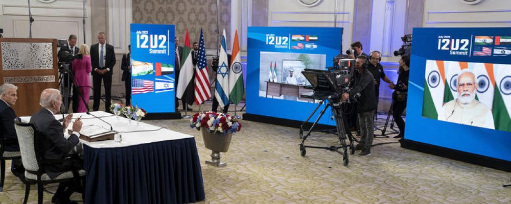 President Joe Biden of the U.S., second from left, and Prime Minister Yair Lapid of Israel, left, meet remotely with Prime Minister Narendra Modi of India, on screen at right, and Sheikh Mohammed bin Zayed, president of the United Arab Emirates, in Jerusalem on Thursday, July 14, 2022. It was the first meeting of the I2U2; the groupÕs name refers to the first letters of the four countriesÕ names in English.  (Doug Mills/The New York Times)