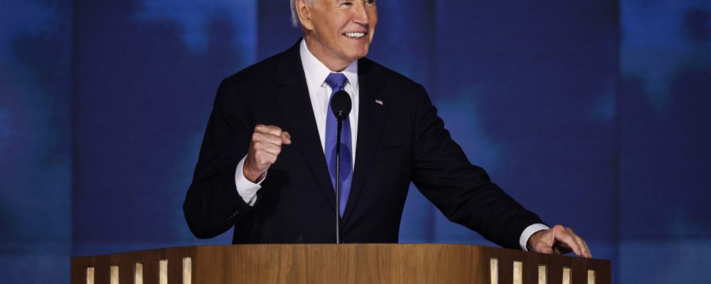 CHICAGO, ILLINOIS - AUGUST 19: U.S. President Joe Biden speaks onstage during the first day of the Democratic National Convention at the United Center on August 19, 2024 in Chicago, Illinois.  Delegates, politicians, and Democratic party supporters are in Chicago for the convention, concluding with current Vice President Kamala Harris accepting her party's presidential nomination. The DNC takes place from August 19-22. (Photo by Chip Somodevilla/Getty Images)