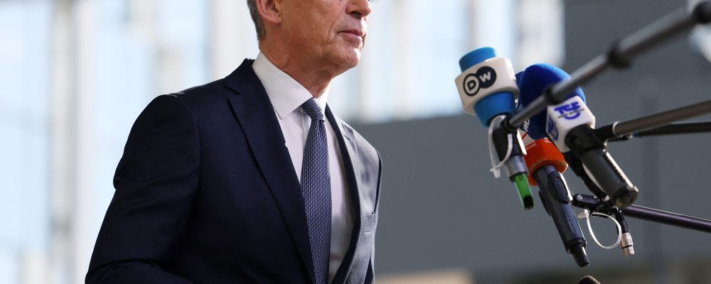 NATO Secretary General Jens Stoltenberg delivers remarks to journalists as he arrives at the NATO headquarters in Brussels, on June 15, 2023 during a two-day meeting of the North Atlantic Council (NAC) at the level of Defence Ministers on 15-16 June 2023. (Photo by SIMON WOHLFAHRT / AFP) (Photo by SIMON WOHLFAHRT/AFP via Getty Images)