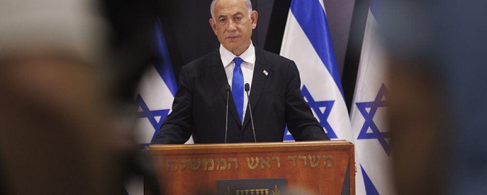 Benjamin Netanyahu, Israel's prime minister, during a news conference in Tel Aviv, Israel, on Monday, April 10, 2023. Rare rocket attacks from Syria embroiled Israel on yet another front after days of escalating regional violence ignited by a clash at a Jerusalem holy site. Photographer: Kobi Wolf/Bloomberg