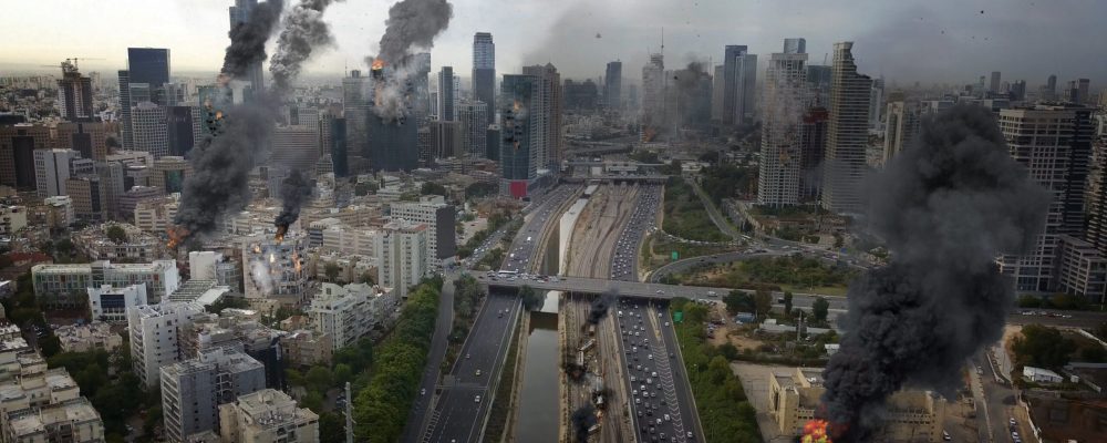 Tel Aviv City Under attack in war aerial view Illustration Powerful Image Compositing Real drone Image with visual effects elements, of Israel Tel aviv city under attack With  smoke and Destroyed buil