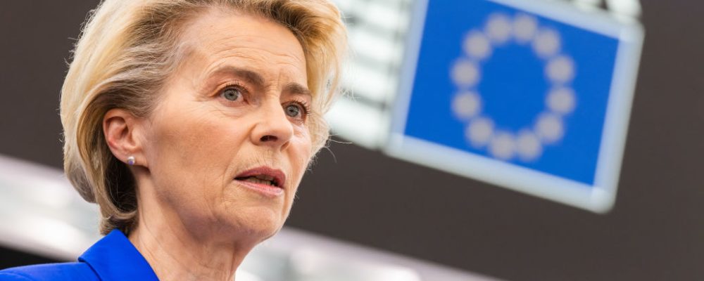 18 October 2023, France, Straßburg: Ursula von der Leyen (CDU), President of the European Commission, speaks at the lectern in the European Parliament building. The EU Parliament debates the attack on Israel and the preparation for the EU summit at the end of October. Photo: Philipp von Ditfurth/dpa (Photo by Philipp von Ditfurth/picture alliance via Getty Images)