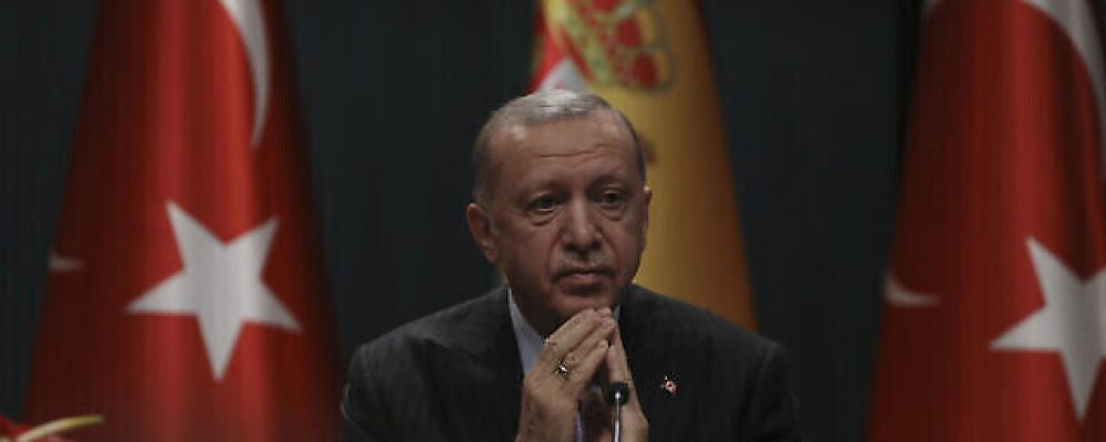 Turkey's President Recep Tayyip Erdogan speaks at a joint news conference with Spanish Prime Minister Pedro Sanchez after their talks at the presidential palace, in Ankara, Turkey, Wednesday, Nov. 17, 2021. Erdogan said Wednesday that his country hopes to increase defense cooperation with NATO ally Spain through the purchase of a second aircraft carrier as well as a submarine.(AP Photo/Burhan Ozbilici)